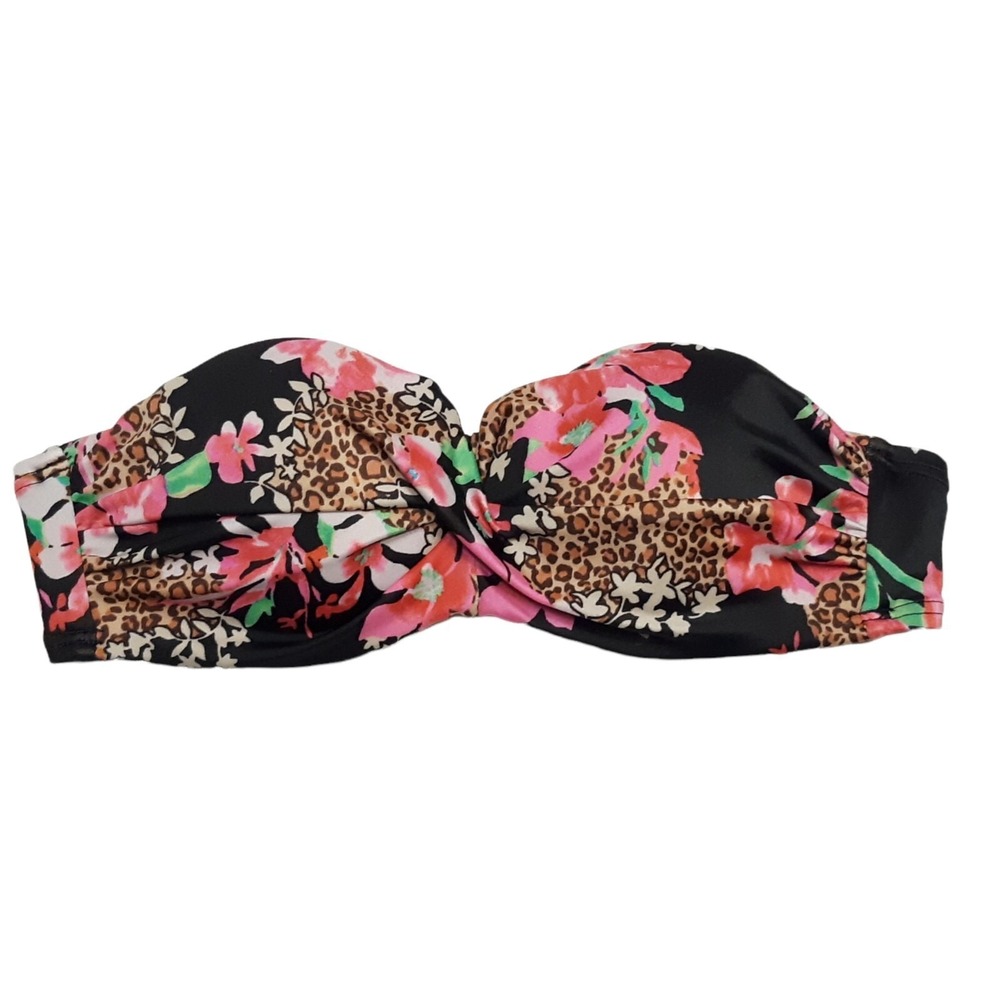 Victorias Secret Bikini Top Womens 32B Black Floral Bandeau Adjustable Back